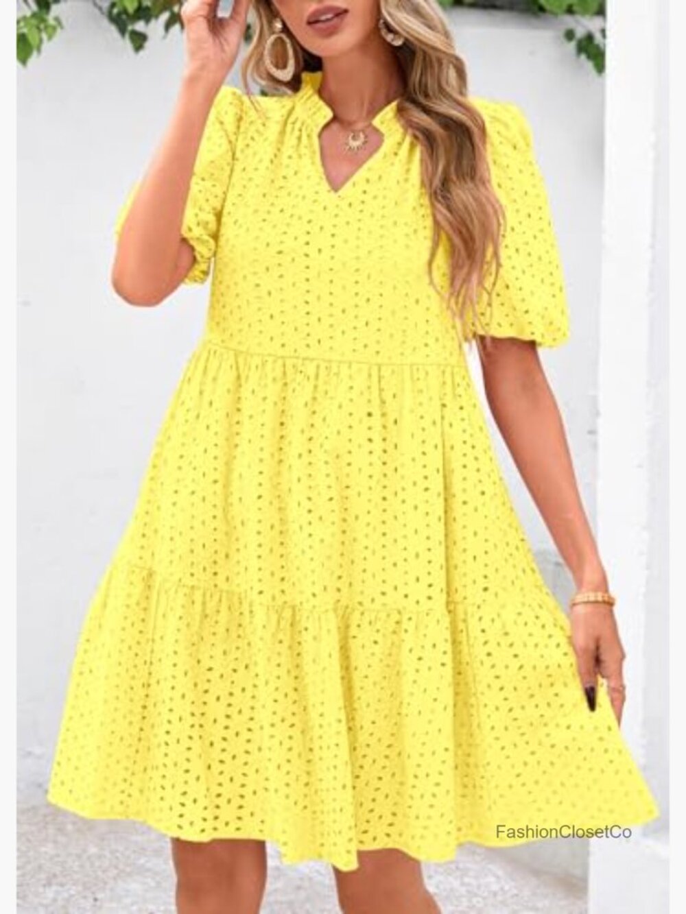 Eyelet Summer Mini Shift Dress with Pockets Short Sleeve V-Neck Tiered Cotton - Picture 4 of 7